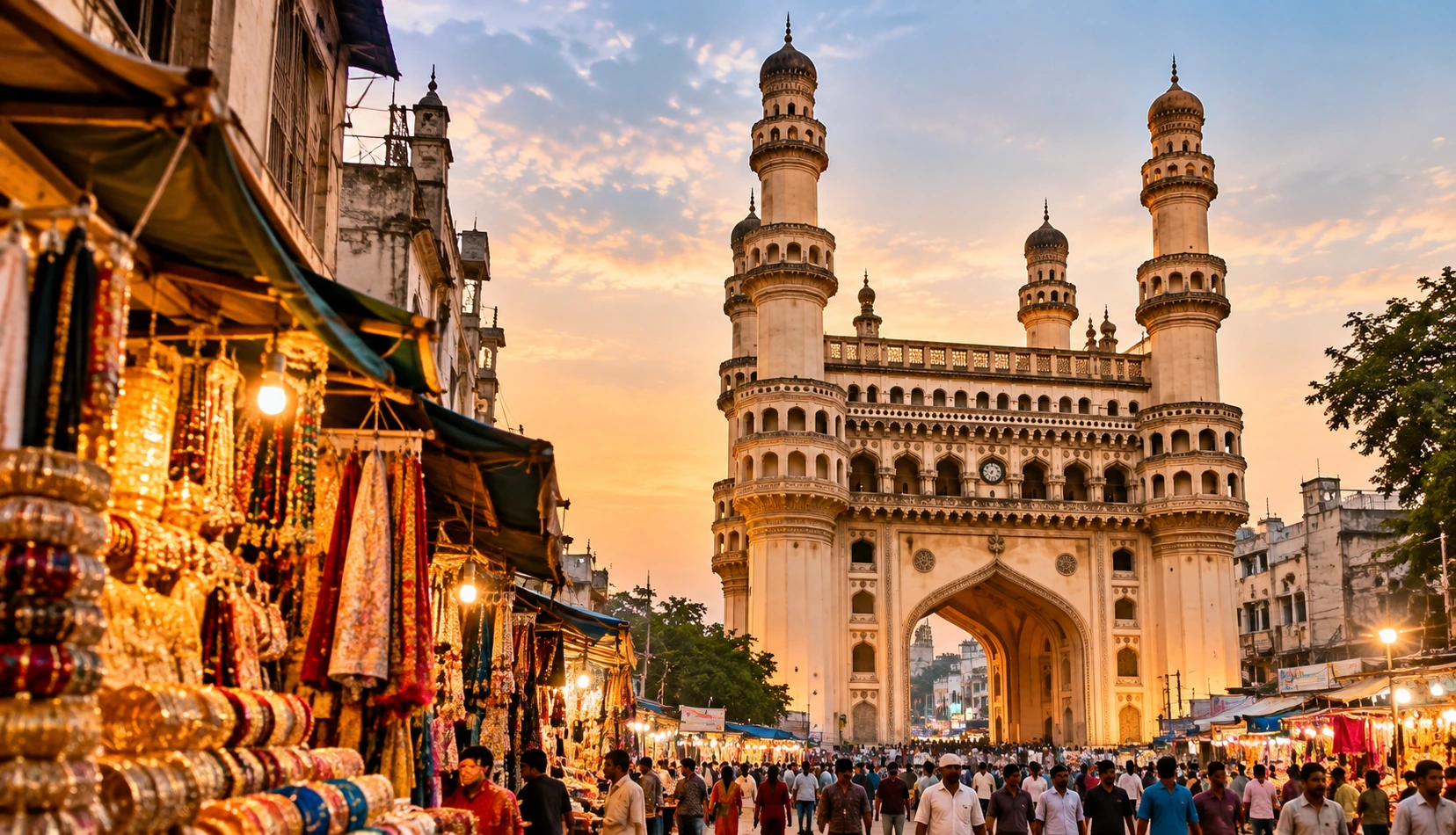 Charminar Hyderabad at sunset with illuminated historic arches, colorful bangle shops, and a busy Laad Bazaar street in Telangana, India.
