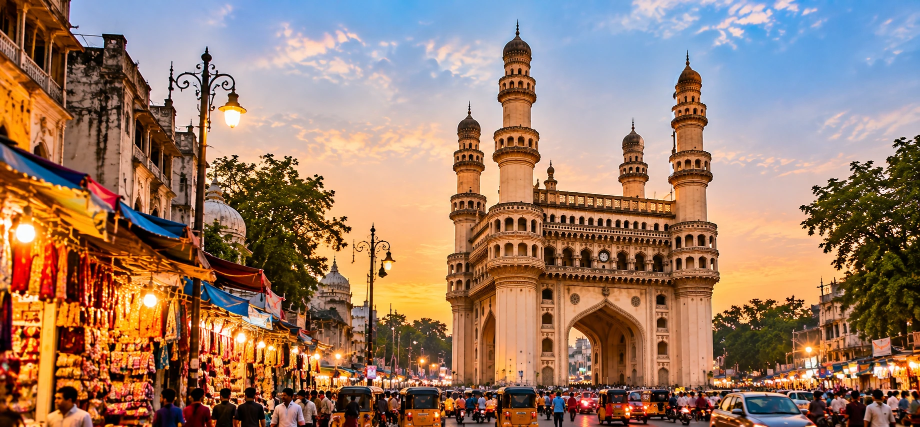 Charminar Hyderabad at sunset with historic minarets, colorful market stalls, and busy traffic in the old city.