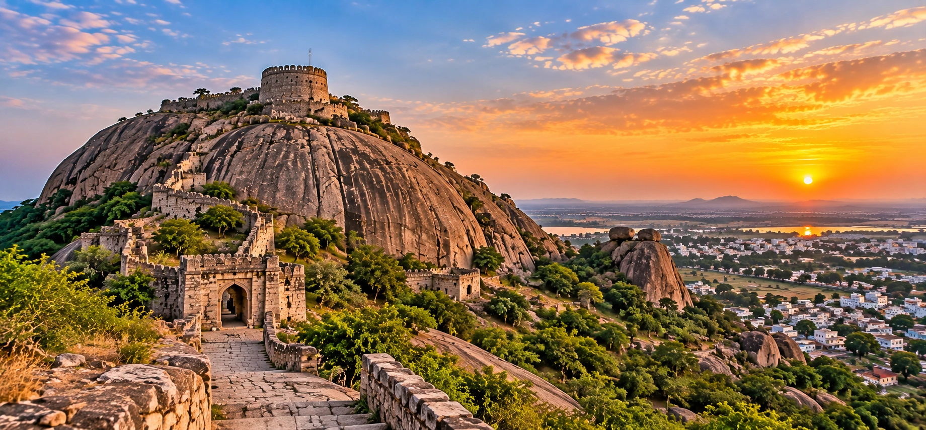 Bhongir Fort perched on a granite hill at sunset, with historic ramparts, a stone gateway, and distant town views.