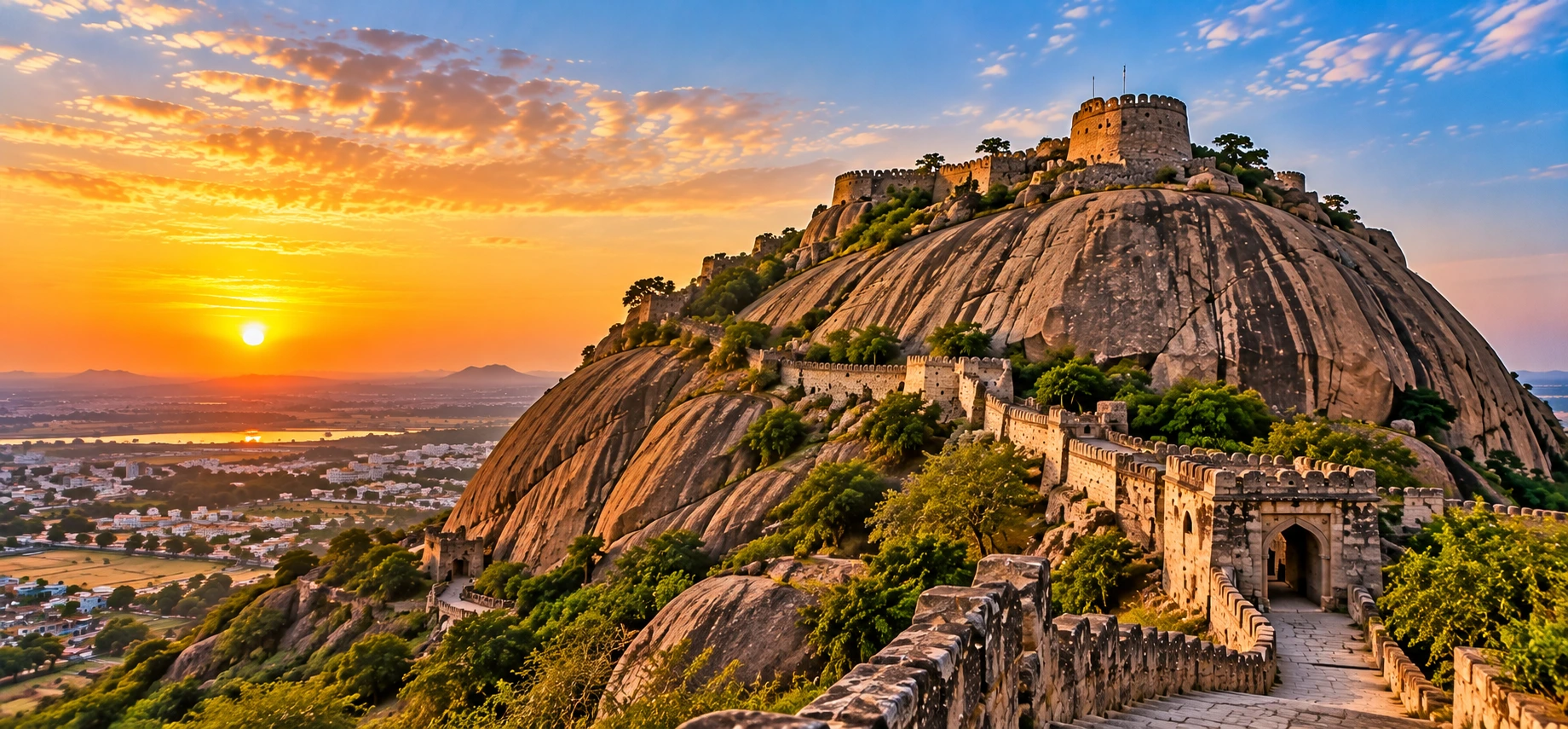 Panoramic view of Bhongir Fort's ancient stone gateway and summit bastion overlooking rocky terrain and the surrounding landscape at sunset.