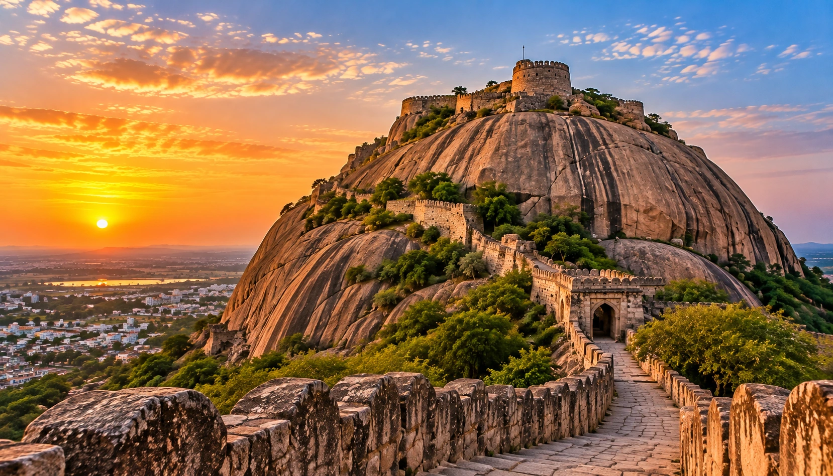 Bhongir Fort Telangana illuminated by golden sunset, with ancient fort walls, a rocky hill, stone steps, and surrounding countryside.