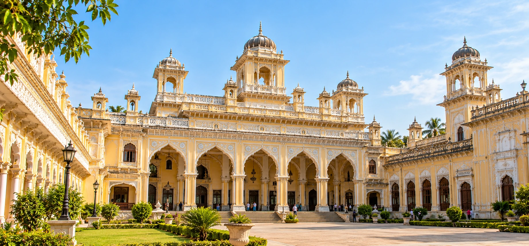 Chowmahalla Palace, Hyderabad, with ornate yellow arches, domes, and a sunlit courtyard.