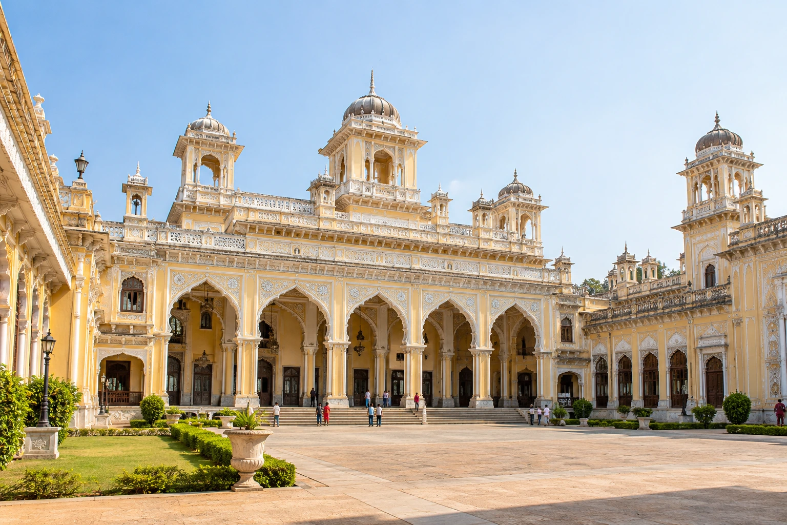 Chowmahalla Palace, Hyderabad, with cream palace buildings and ornate arches around the courtyard in morning light.