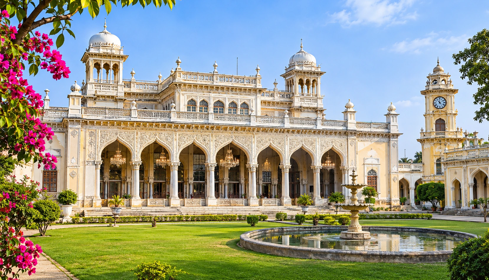 Chowmahalla Palace, Hyderabad, with ornate yellow arches, domed towers, a green courtyard, and a stone fountain.