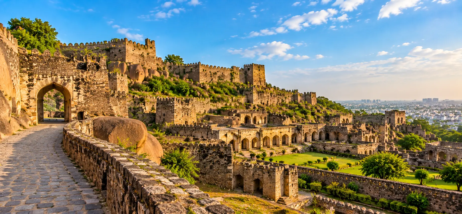 Golconda Fort, Hyderabad, with ancient stone ramparts, a curved walkway and arched gateways overlooking the city at sunset.