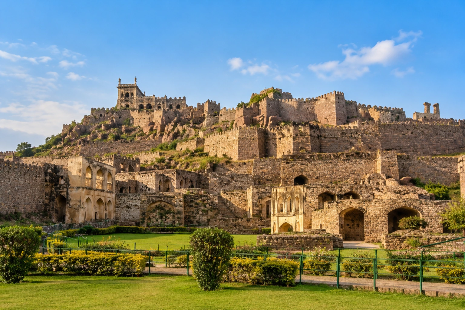 Golconda Fort, Hyderabad, with weathered stone ramparts and ancient gateways on a rocky hill in warm sunlight.