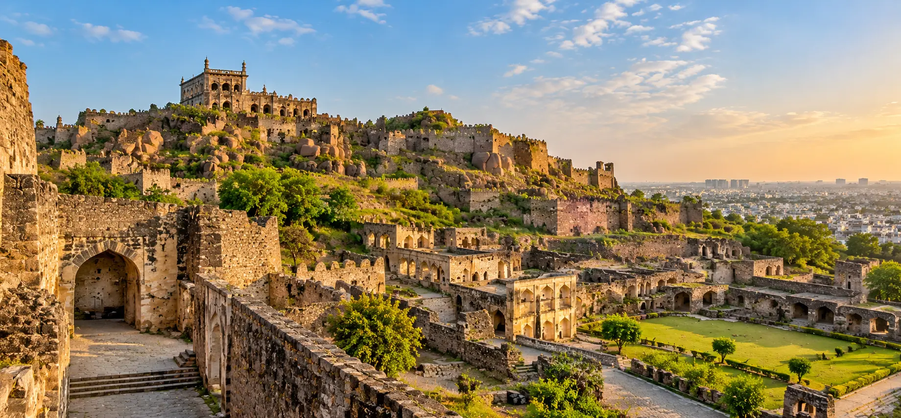 Golconda Fort, Hyderabad, with ancient stone ramparts and arched gateways overlooking the city at sunset.