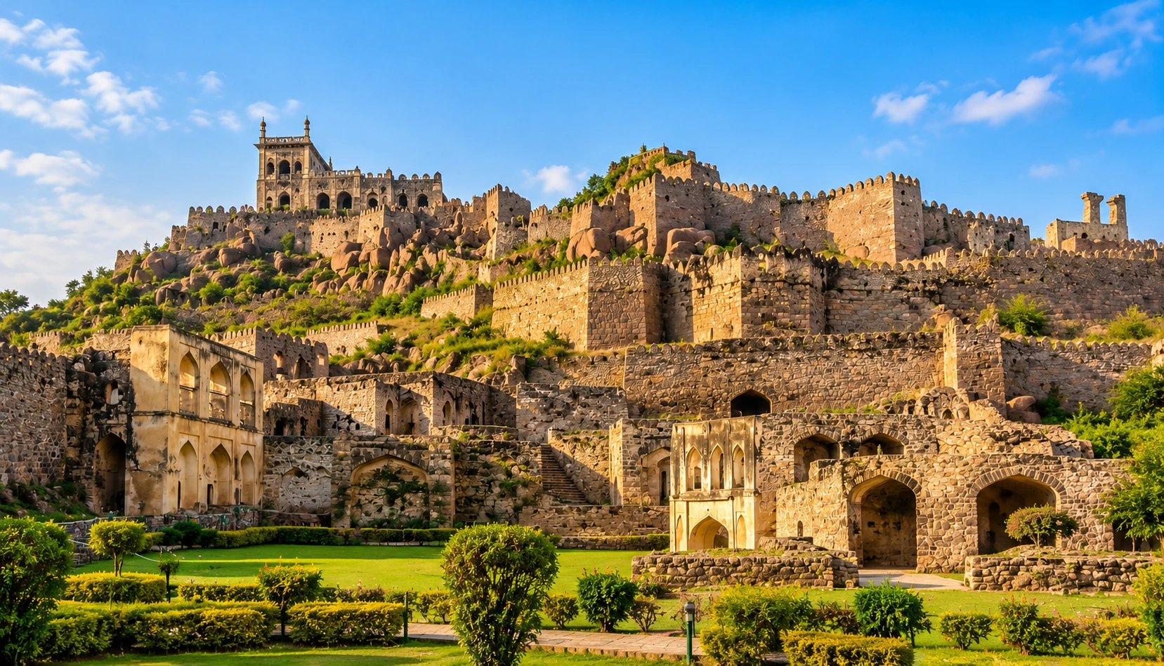 Golconda Fort, Hyderabad, with ancient stone ramparts and gateways rising over a rocky hill in warm sunlight.