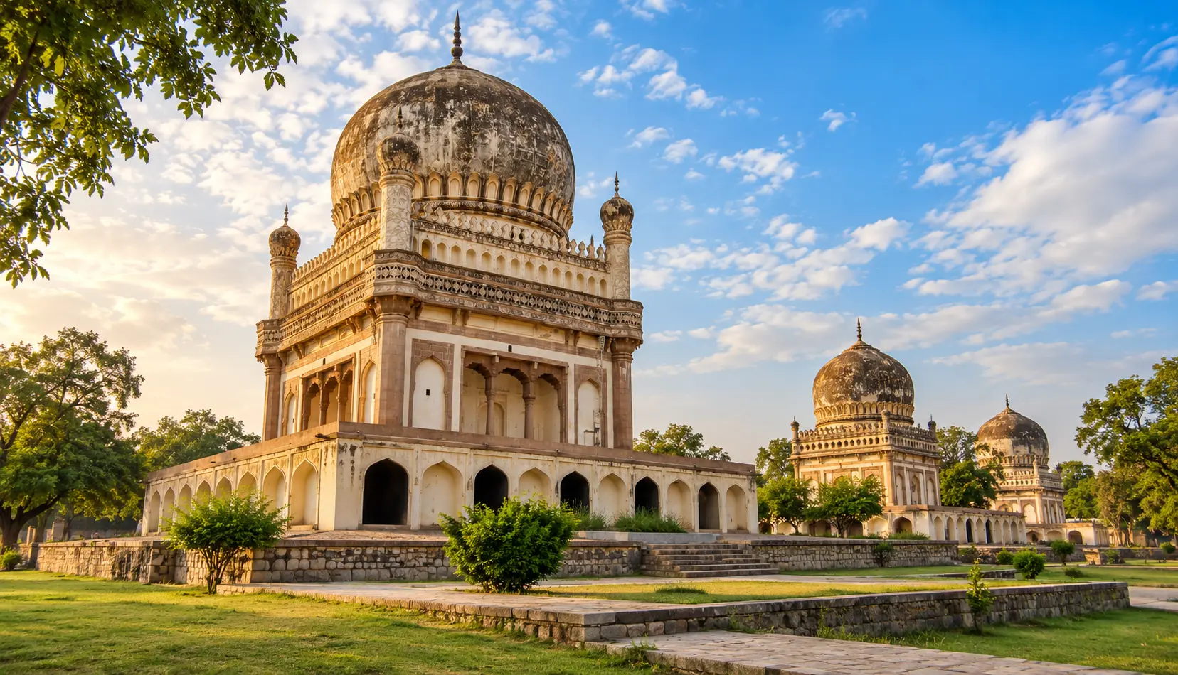 Qutb Shahi Tombs, Hyderabad, featuring an ornate domed mausoleum, arched stone façade, and historic tombs in warm evening light.
