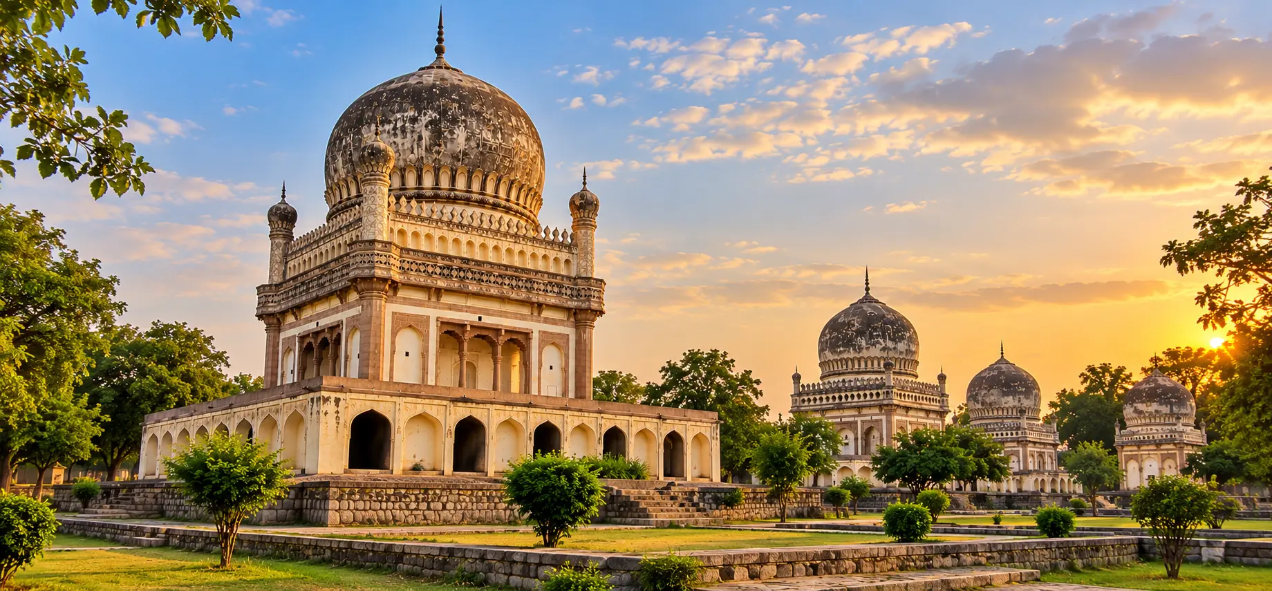 Qutb Shahi Tombs, Hyderabad, with historic domed mausoleums surrounded by green gardens at sunset.